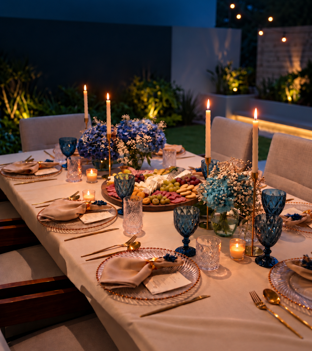 Celebración íntima con mesa cuidada, flores y cristalería